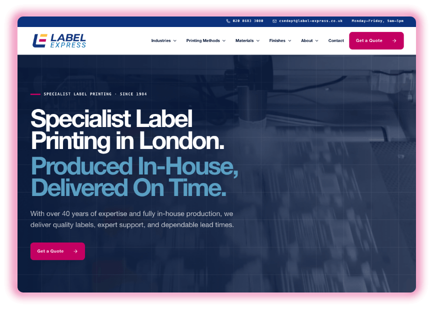 Example responsive website interface