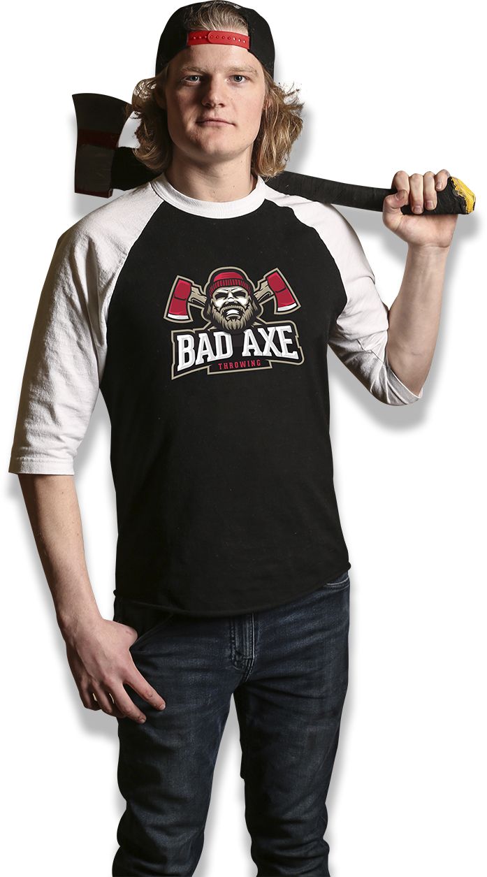 Young guy posing with an axe in his shoulders